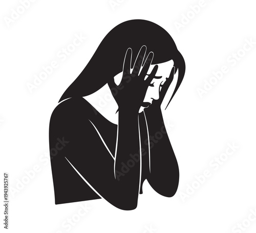 Illustration of a woman consumed by profound distress and sadness, hands clasped over her head, representing emotional anguish and the silent struggle with inner turmoil
