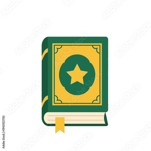 A visually appealing illustration of a closed book with a celestial emblem on its cover, featuring a bookmark and a clean, flat design aesthetic