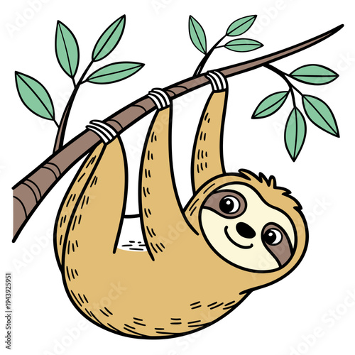 Cute Smiling Sloth Hanging on Tree Branch Vector Illustration