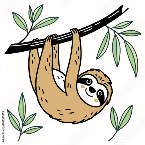 Cute Smiling Sloth Hanging on Tree Branch Vector Illustration