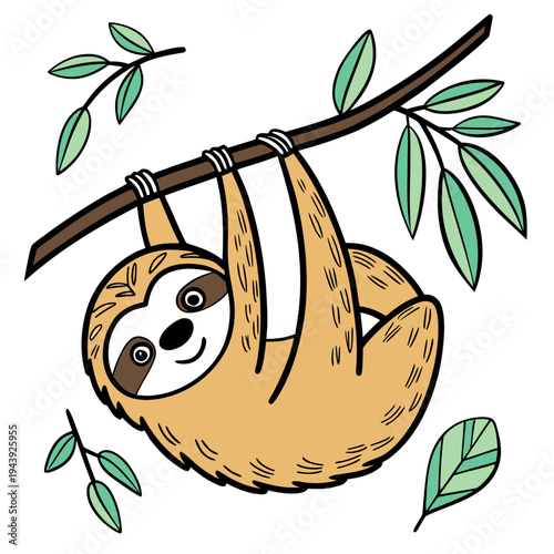 Cute Smiling Sloth Hanging on Tree Branch Vector Illustration