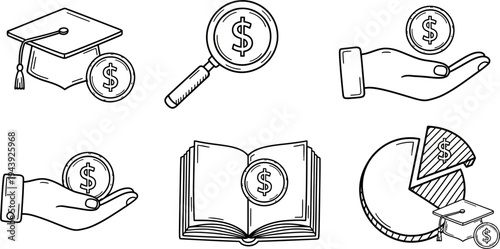 Hand-drawn sketch icons illustrating financial aspects of education, including graduation costs, money management, and investment in learning.