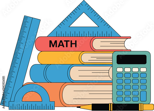 Mathematics education tools vector illustration with calculator books ruler triangle and protractor school study supplies isolated set
