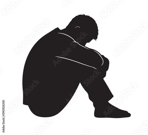 A stark silhouette portraying a lone individual in a posture of profound sadness and introspection, symbolizing mental distress, isolation, and silent contemplation