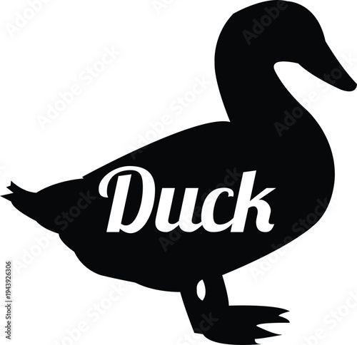 A clean black silhouette of a duck facing right. The word "Duck" is overlayed in a bold, white serif typeface across the midsection