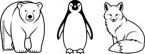 Simple black and white vector illustration of arctic animals featuring a polar bear penguin and arctic fox ideal for educational content or childrens projects