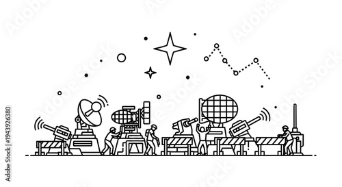 Futuristic Radar Station and Satellite Dish Array with Technicians