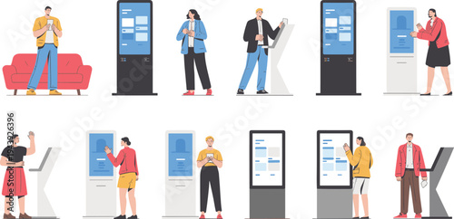 Collection of diverse people using self service retail and service technology kiosks with large touchscreens in a modern flat vector style