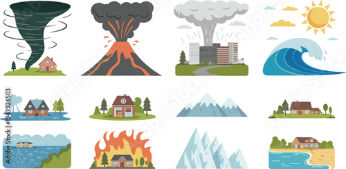 Collection of natural disaster vector icons including tornado volcano tsunami flood earthquake and forest fire in a modern flat design style on white background