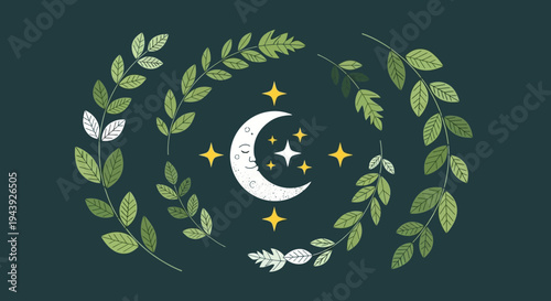Moon surrounded by stars and green leaves