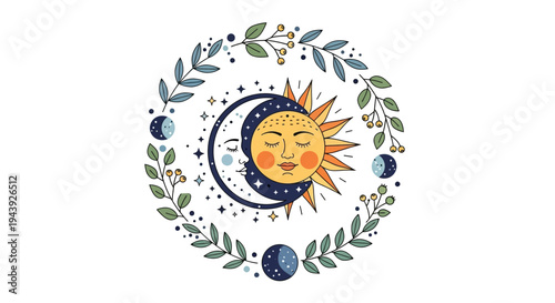 Sun Moon Face Wreath with Leaves and Stars