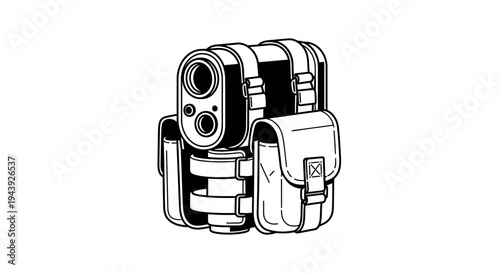 Gun Holster with Magazine Pouch and Ammunition Clip - Line Art Illustration