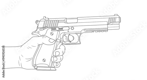 Hand Holding a Pistol Gun, Close-up Line Art Illustration