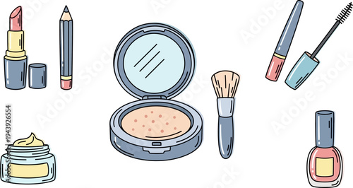 A vibrant illustration showcasing a variety of essential makeup and cosmetic products for beauty routines.