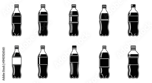 A grid of ten black and white illustrations of various plastic soda bottles with caps and labels.
