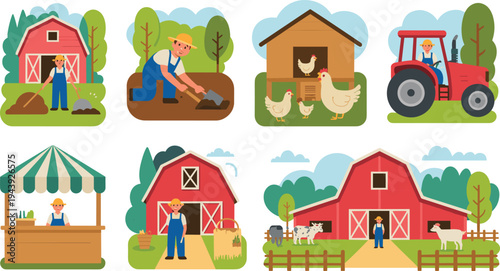Cute farm life vector collection featuring red barns farmers driving tractors and friendly farm animals in a charming cartoon storybook style for kids