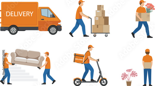 Professional logistics and delivery service vector set with couriers carrying boxes driving van and moving furniture for shipping and transport business illustrations
