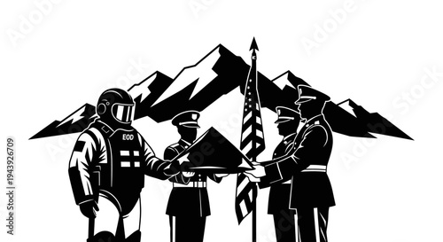 Military Funeral Honor Guard with Folded Flag and Mountains Background