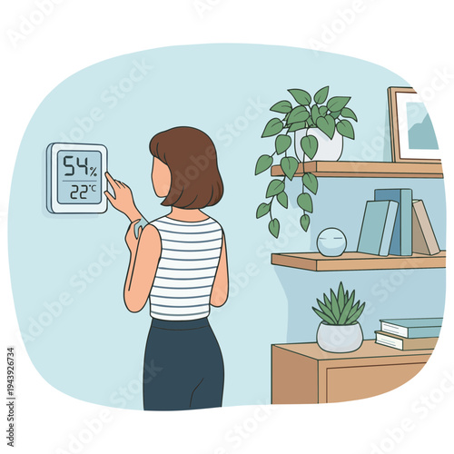 Woman adjusts thermostat on wall in living room with shelves.