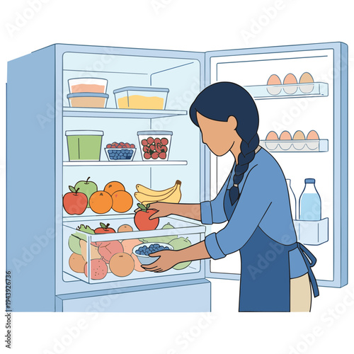 Woman opening fridge to store fresh food and drinks at home.