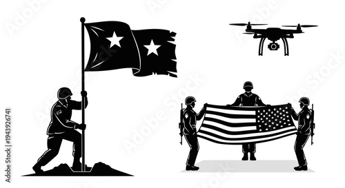 Military Heroes Raising Flag and Drone Surveillance