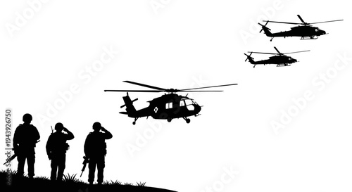Military helicopters flying over soldiers saluting on a hill, silhouette