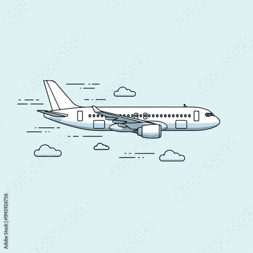 Vector illustration of a white airplane flying through clouds with motion lines, in a simple line art style against a light blue background.
