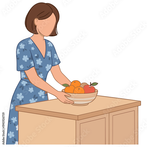 Woman standing indoors preparing a bowl of fresh fruit on a table