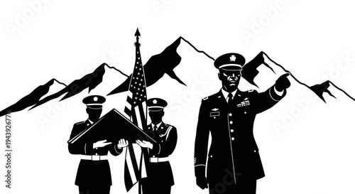 Military honors: soldiers with folded flag and officer pointing, mountains background
