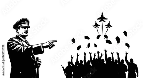 Military Leader Directs Air Show with Fighter Jets and Cheering Crowd