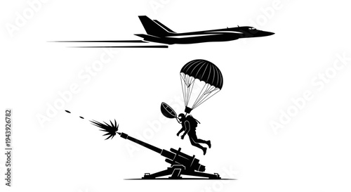 Military Jet Aircraft Flying Over Parachutist and Artillery Gun Firing