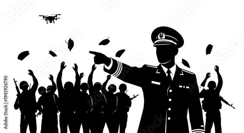 Military leader directs drone surveillance over cheering soldiers and falling leaves