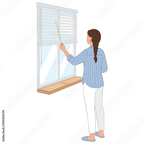 A woman standing indoors opens a window blind with her right hand.