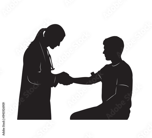 Silhouette illustration of a dedicated healthcare professional conducting a thorough medical examination on a patient's arm, symbolizing essential health check-ups and compassionate medical care