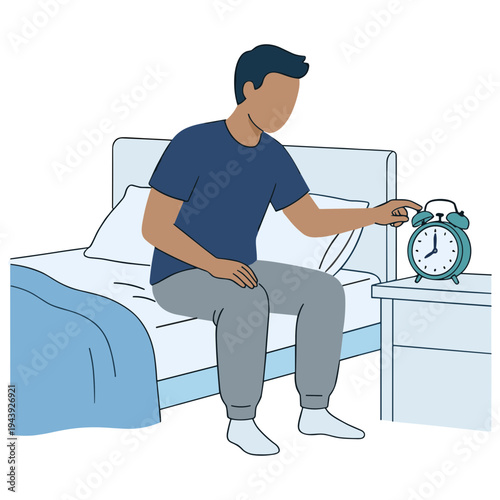 Man sitting on bed turning alarm clock off in bedroom