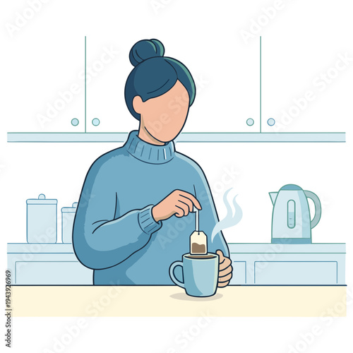 Woman adds a sweetener to her hot beverage in a modern kitchen.