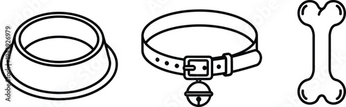 Set of minimalist pet care outline icons featuring a bowl collar and bone ideal for web and mobile applications