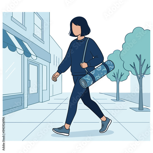 A woman walks down a city sidewalk carrying a yoga mat