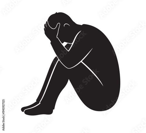 Simple graphic depicting a person experiencing profound sadness, severe depression, and overwhelming stress, symbolizing mental health issues