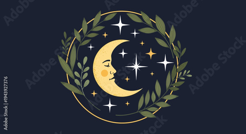 Moon face with stars and leaves wreath