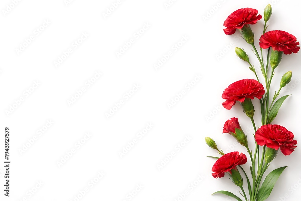 Obraz premium Red carnation flowers and buds arranged on a white background stems