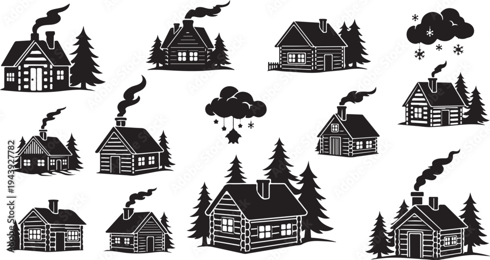 Fototapeta premium Black and white houses with smoke and trees illustration