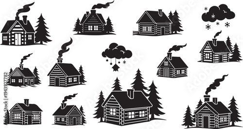 Black and white houses with smoke and trees illustration