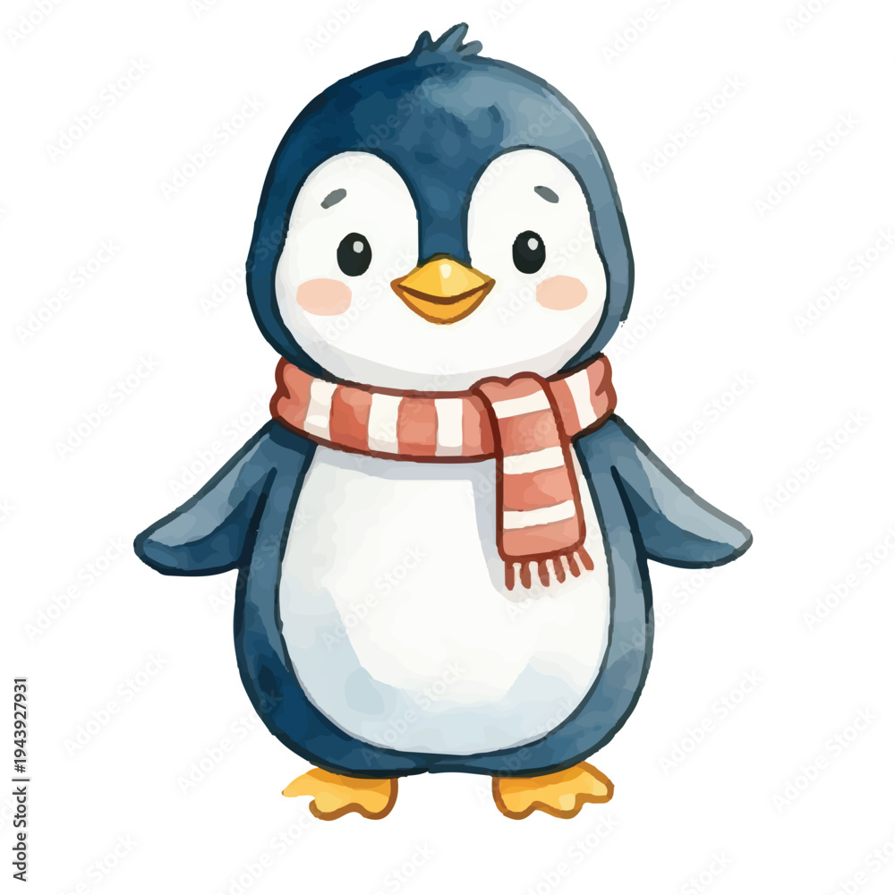 Fototapeta premium Cute cartoon baby penguin wearing a Christmas hat and holding ice cream while standing in snowy winter arctic scene with fun and playful style illustration