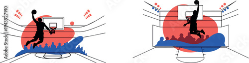 A basketball player dunking the ball in a dynamic and vibrant illustration. Set of 2 basketball player vector illustrations