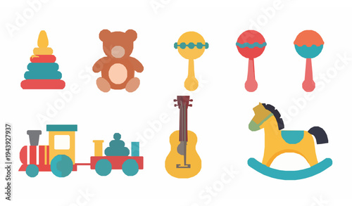 Cute Preschool Toy Set Stacking Rings Teddy Bear Train Guitar Nursery Vector