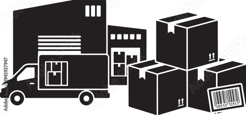 Delivery truck and boxes in a warehouse setting illustration