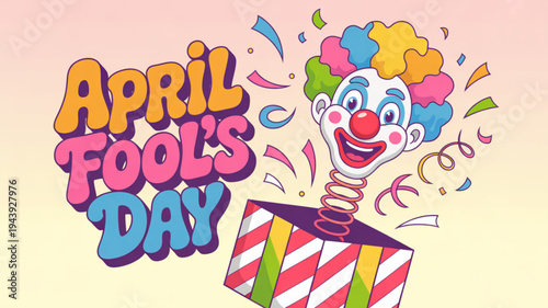 Colorful clown popping out of a box on april fool's day with confetti and festive decorations