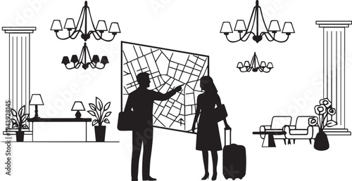 A couple planning their trip with a large map in a hotel lobby. Vector illustration of a man and woman with luggage in a hotel lobby