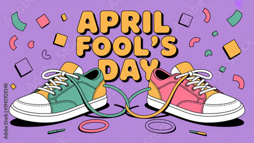 Colorful sneakers tied together with shoelaces on purple background with confetti for april fool's day prank